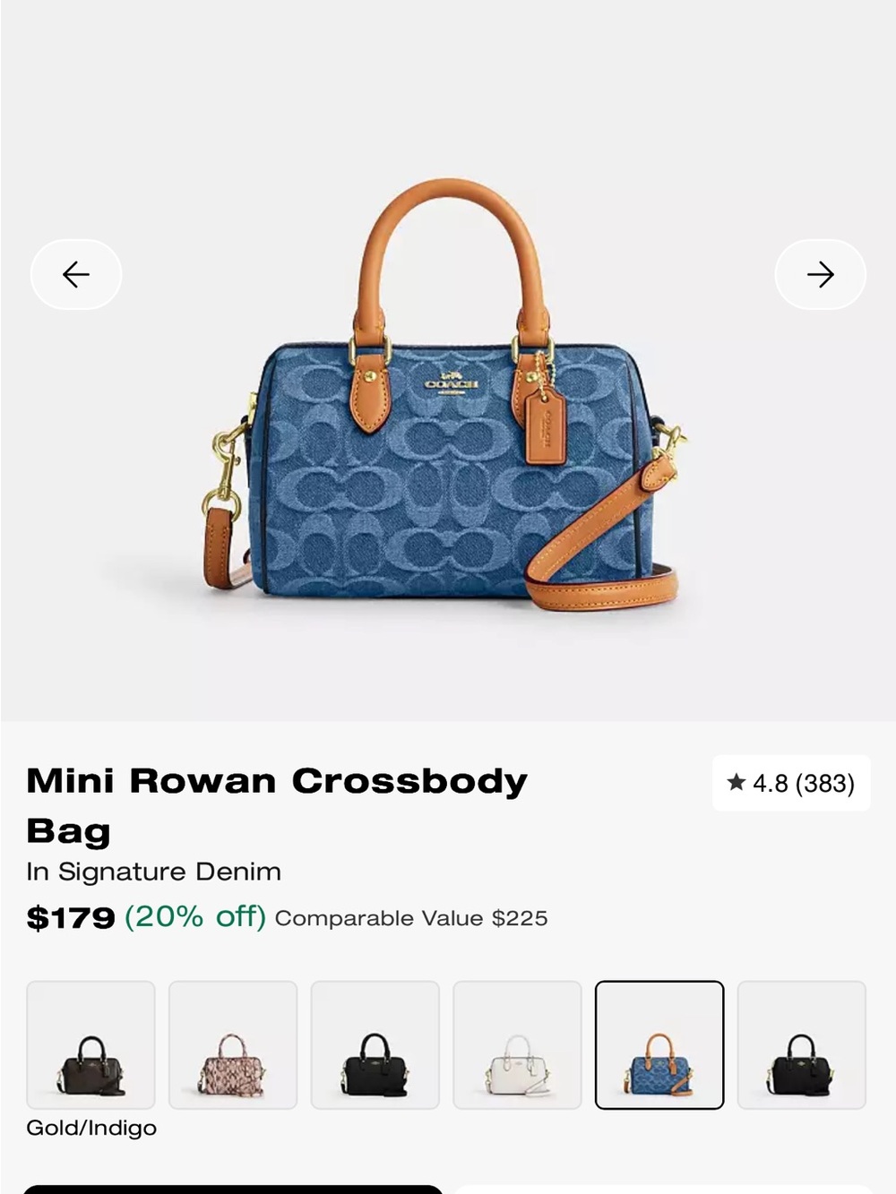 Coach Mini Rowan Crossbody Bag in Denim with Tan Trim